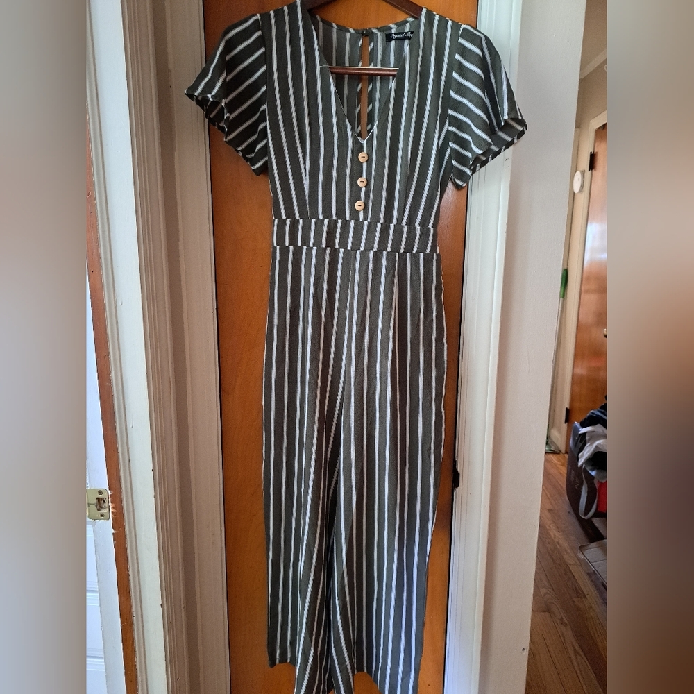 Striped V-Neck Jumpsuit in Olive with White Stripes